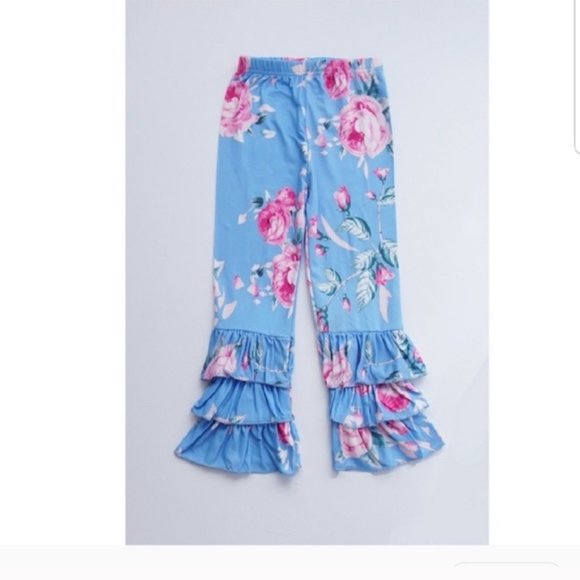 Blue Floral Print Ruffle Pants - Picture 1 of 3